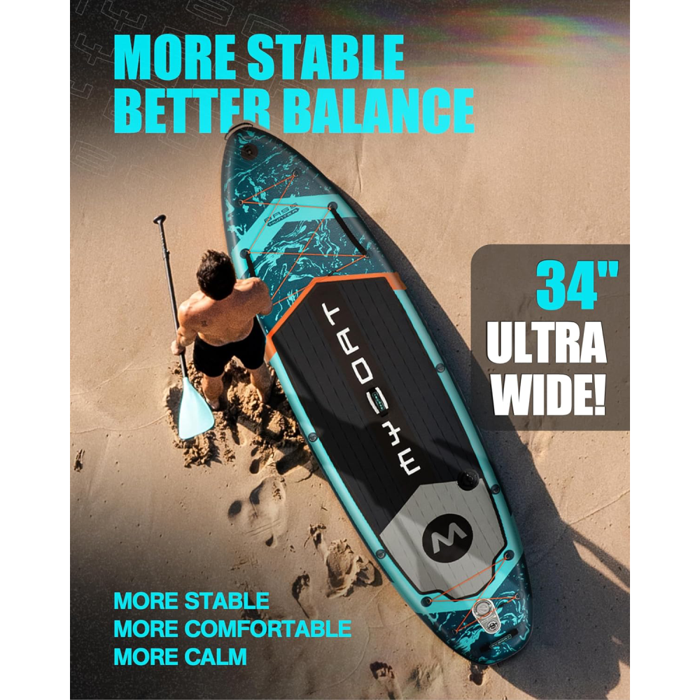 11'6" Extra Wide Inflatable Paddle Board 34" Stand Up SUP for Fishing with 3 Removable Fins Dual Bungees Camera Mount Hand Pump Strong Paddle 5L Dry Bag Leash