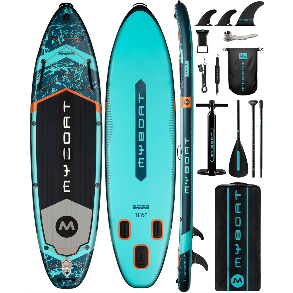 11'6" Extra Wide Inflatable Paddle Board 34" Stand Up SUP for Fishing with 3 Removable Fins Dual Bungees Camera Mount Hand Pump Strong Paddle 5L Dry Bag Leash