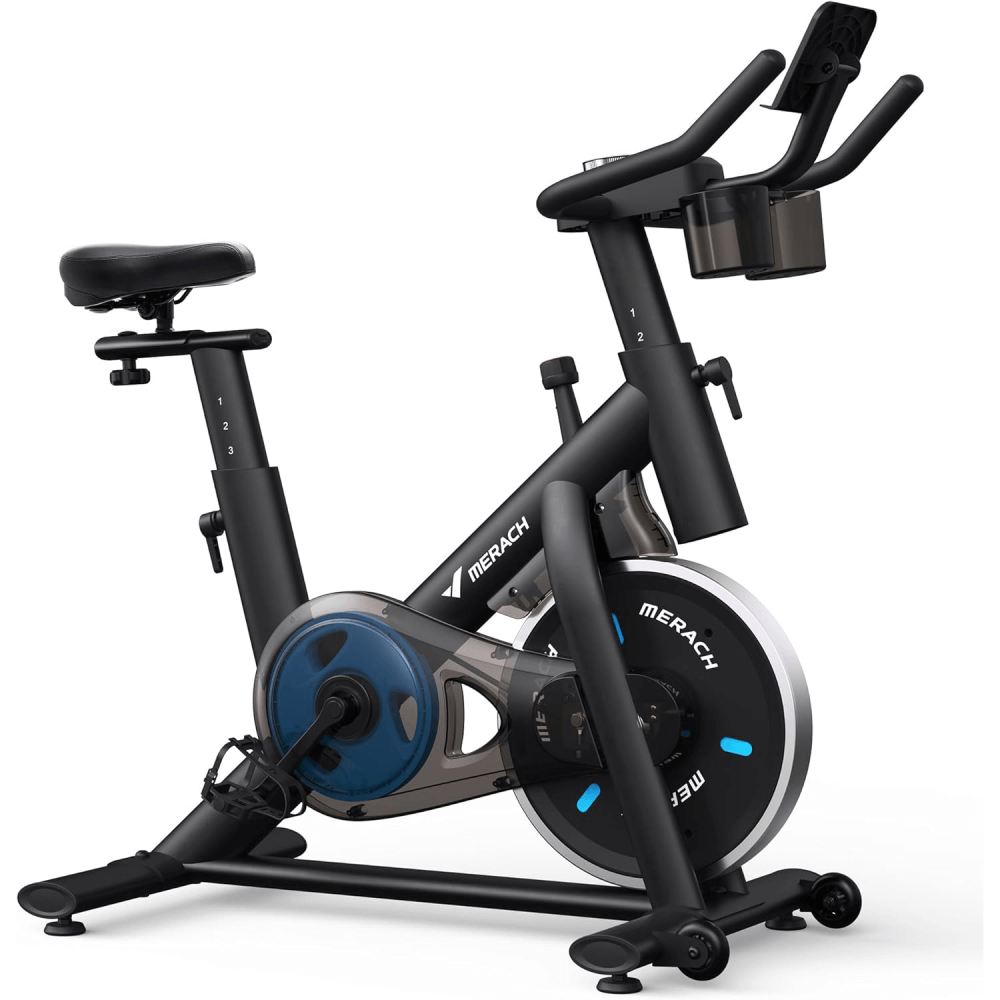 MERACH Exercise Bike Brake Pad Stationary Bike Low Noise Indoor Cycling with Dumbbell Rack 270lbs Capacity Free Fitness Courses Exclusive App