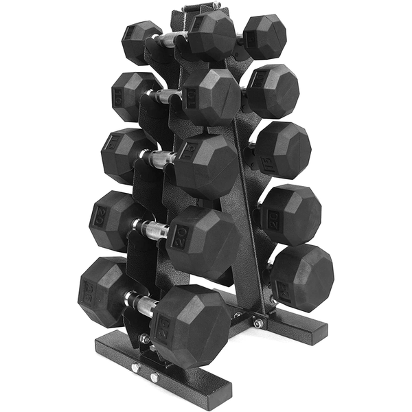 150 lb Rubber Coated Dumbbell Set With Storage Rack