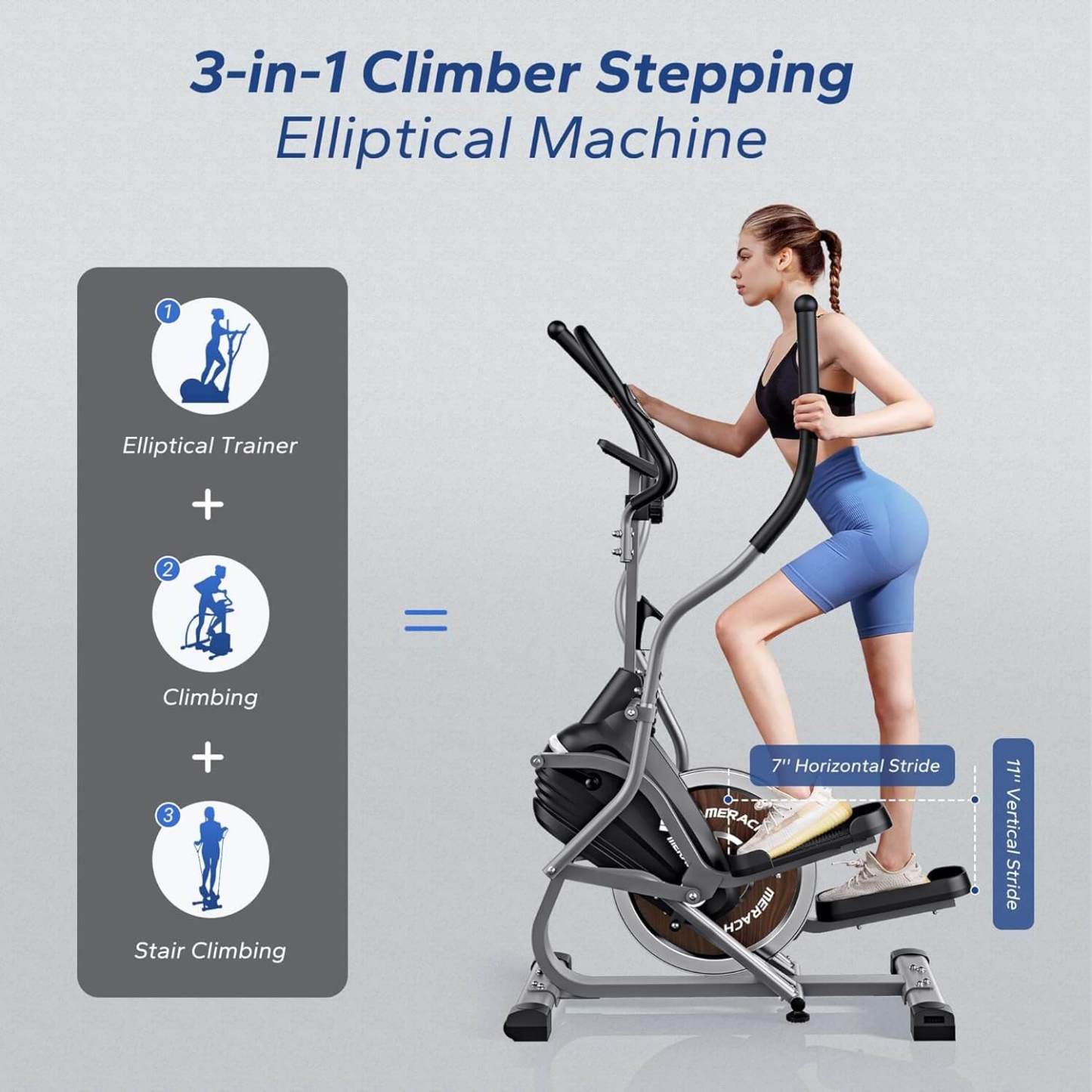 MERACH Elliptical Machines for Home 3-in-1 Cardio Climber Stepping Elliptical with APP Compact Exercise Machine and Stair Stepper 16-Level Magnetic Resistance