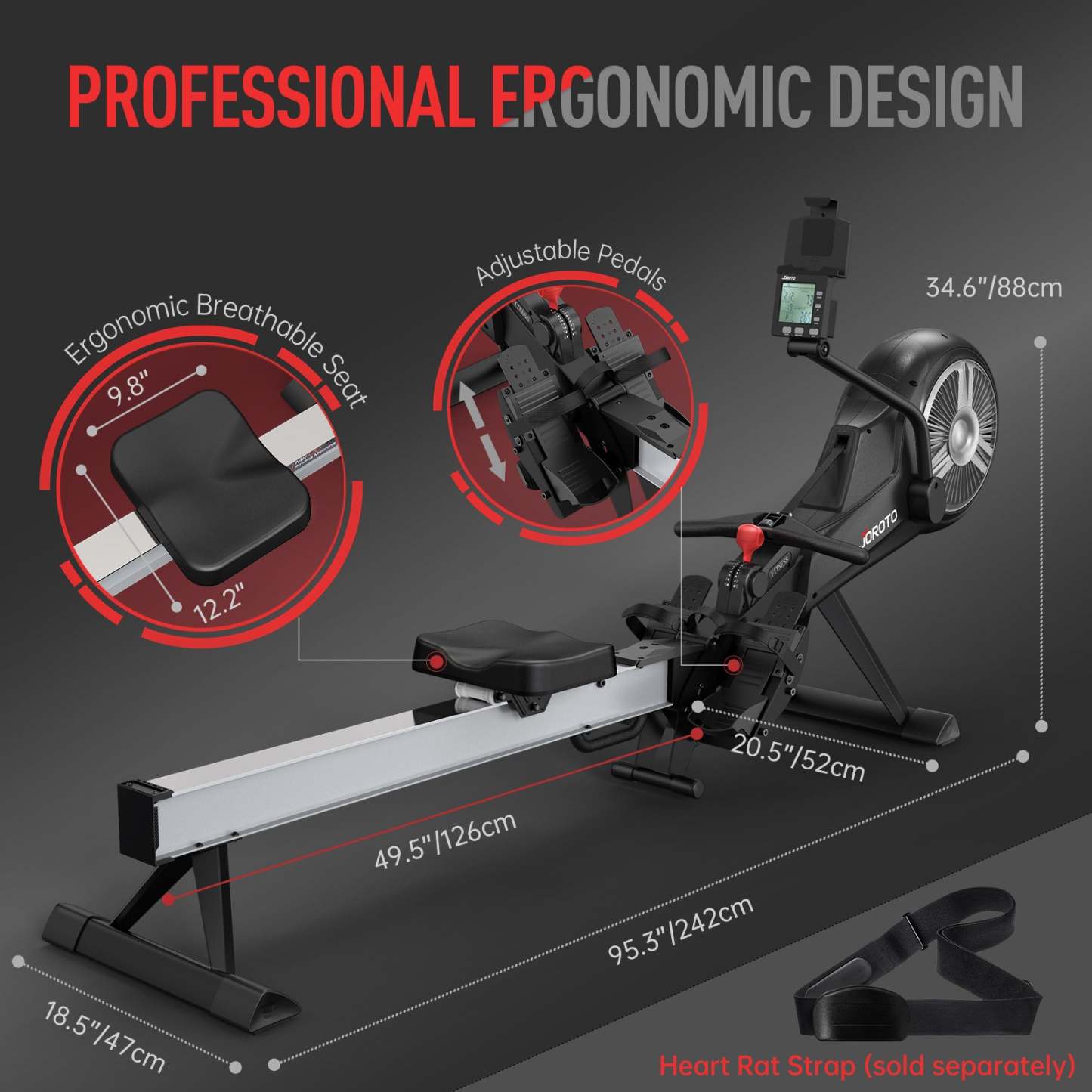 Foldable Rowing Machine - Air & Magnetic Resistance for Home Use, with Bluetooth & Smart Backlit Monitor MR60, Postpartum Use is also Very Safe-Trainnox