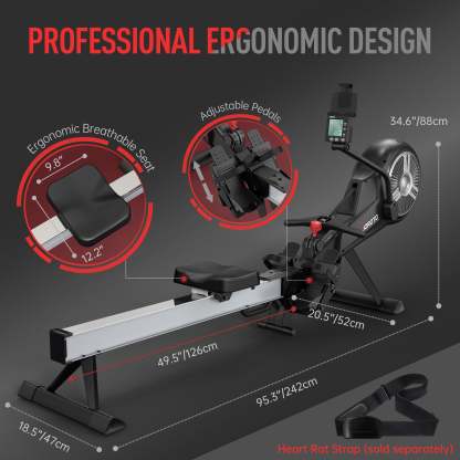 Foldable Rowing Machine - Air & Magnetic Resistance for Home Use, with Bluetooth & Smart Backlit Monitor MR60, Postpartum Use is also Very Safe-Trainnox