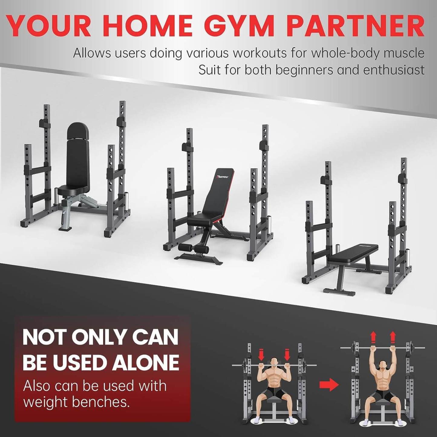 Squat Rack for Home Gym with Max Load 1800 lbs for Bumpers and 600 lbs for J Hooks (Model:SR30)-Trainnox