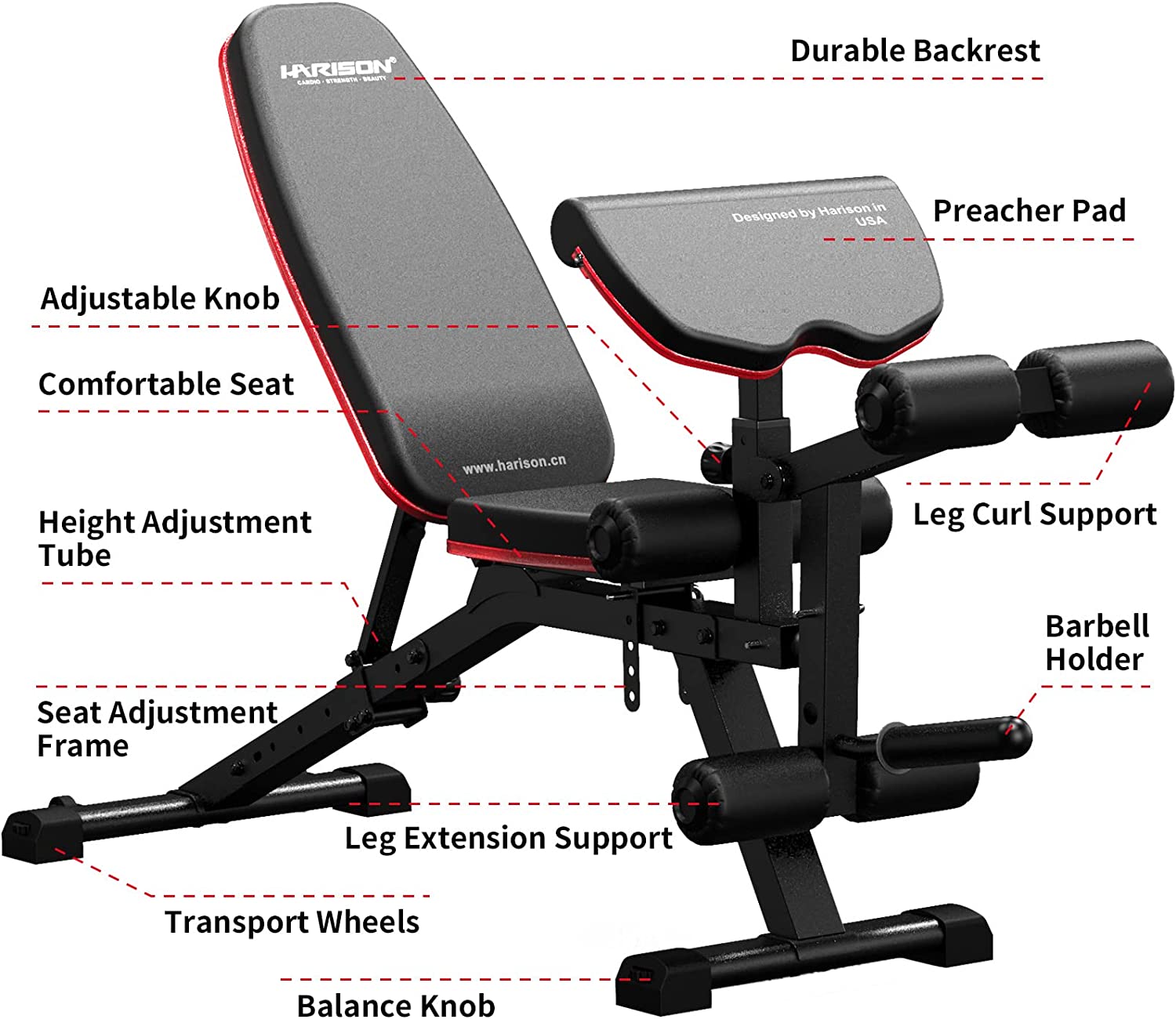 Weight Bench with Leg Extension and Preacher Curl, Incline Decline Heavy Duty Workout Bench for Home Use, HR609 (Plate NOT included)-Trainnox