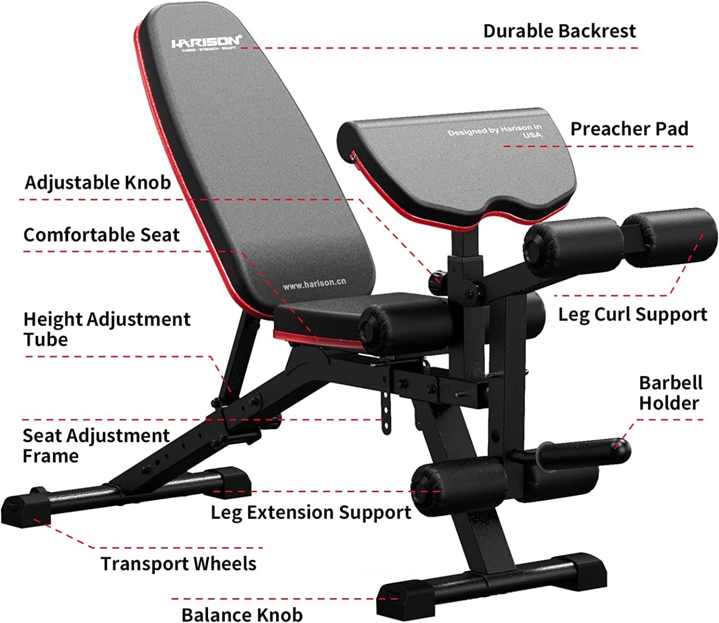 Weight Bench with Leg Extension and Preacher Curl, Incline Decline Heavy Duty Workout Bench for Home Use, HR609 (Plate NOT included)-Trainnox