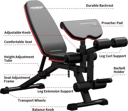 Weight Bench with Leg Extension and Preacher Curl, Incline Decline Heavy Duty Workout Bench for Home Use, HR609 (Plate NOT included)-Trainnox
