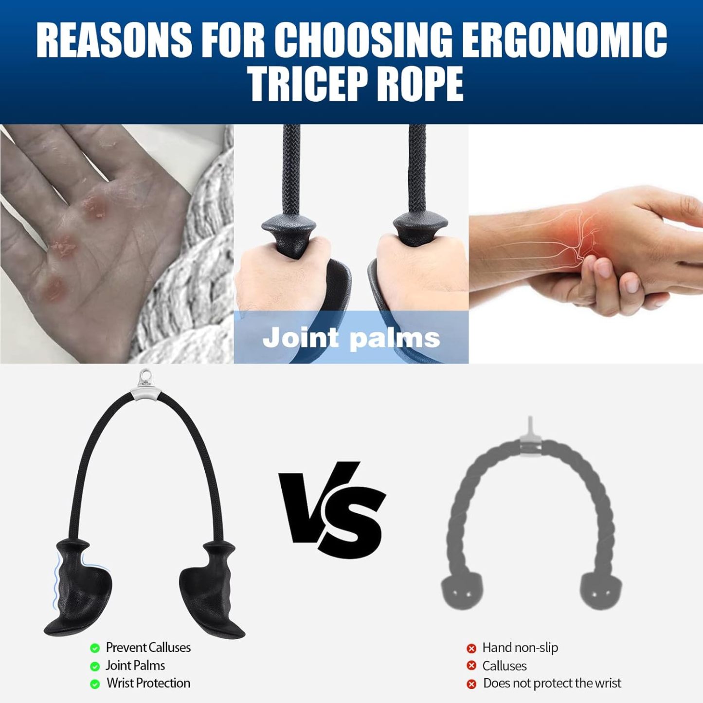 Ergonomic Handles, 36 Inch Tricep Rope for Cable Machine, Gym, Home