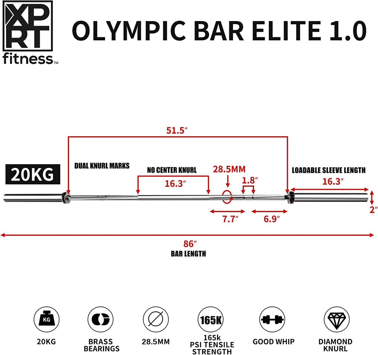 Olympic Bar for Weightlifting and Power Lifting Barbell, 1000-Pound, 20 KG 7 Feet Chrome Barbell 86''-Trainnox