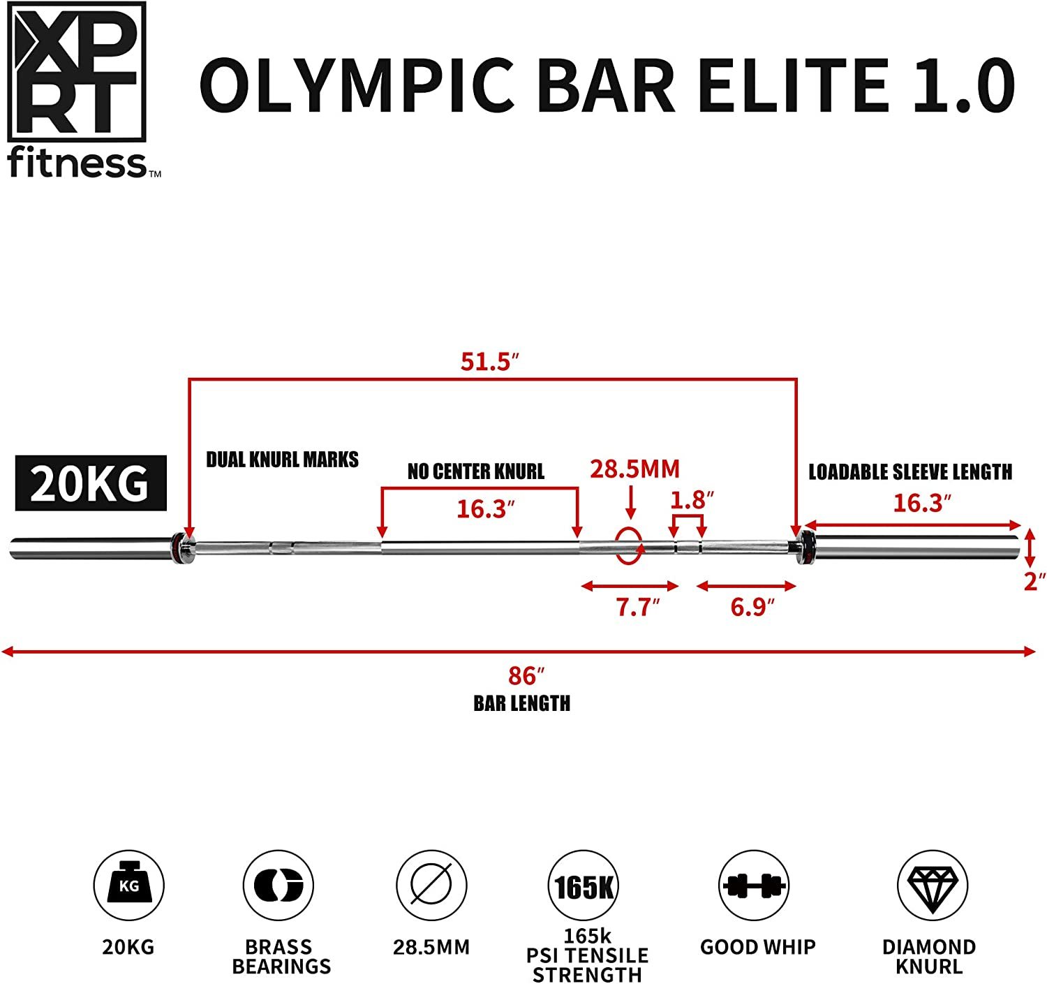 Olympic Bar for Weightlifting and Power Lifting Barbell, 1000-Pound, 20 KG 7 Feet Chrome Barbell 86''-Trainnox