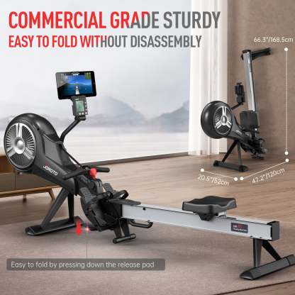 Foldable Rowing Machine - Air & Magnetic Resistance for Home Use, with Bluetooth & Smart Backlit Monitor MR60, Postpartum Use is also Very Safe-Trainnox