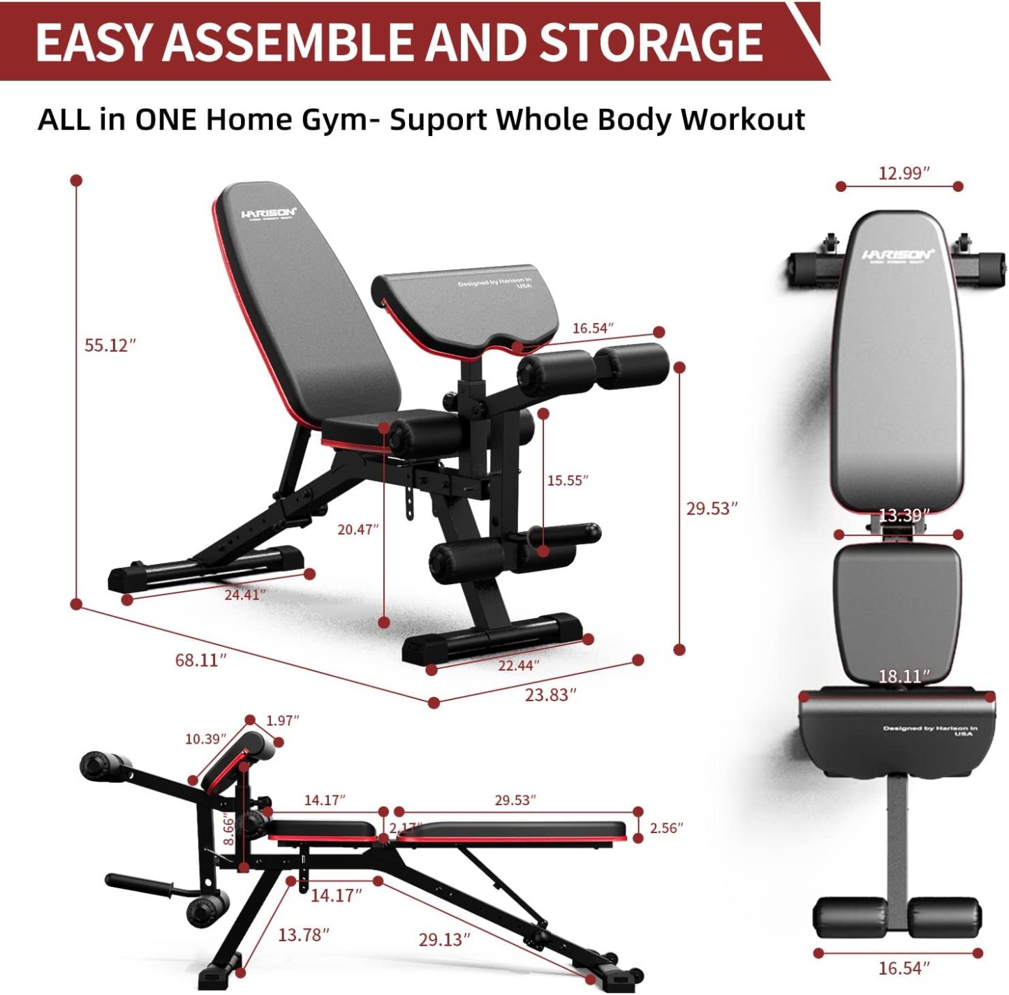 Weight Bench with Leg Extension and Preacher Curl, Incline Decline Heavy Duty Workout Bench for Home Use, HR609 (Plate NOT included)-Trainnox