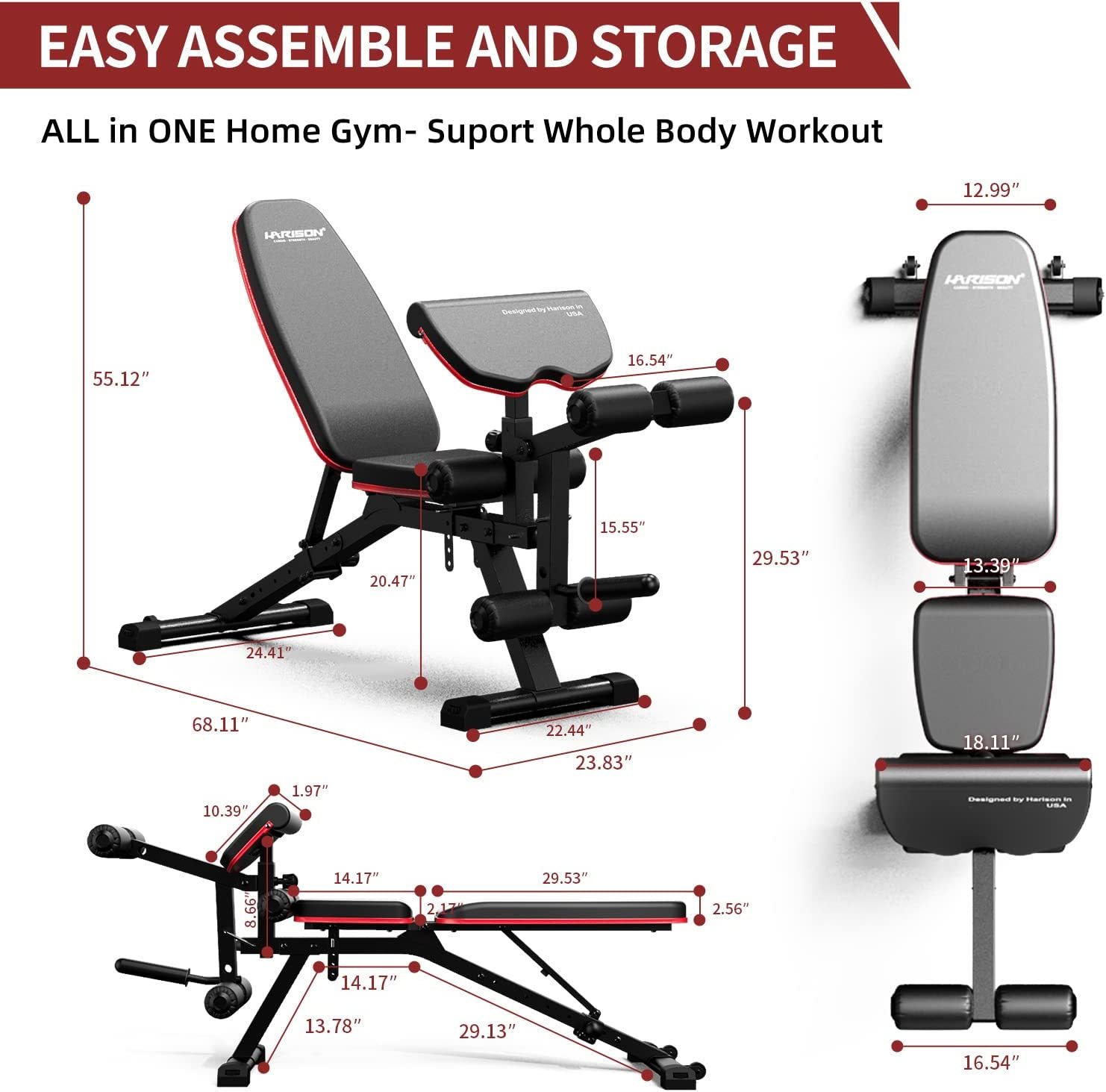 Weight Bench with Leg Extension and Preacher Curl, Incline Decline Heavy Duty Workout Bench for Home Use, HR609 (Plate NOT included)-Trainnox