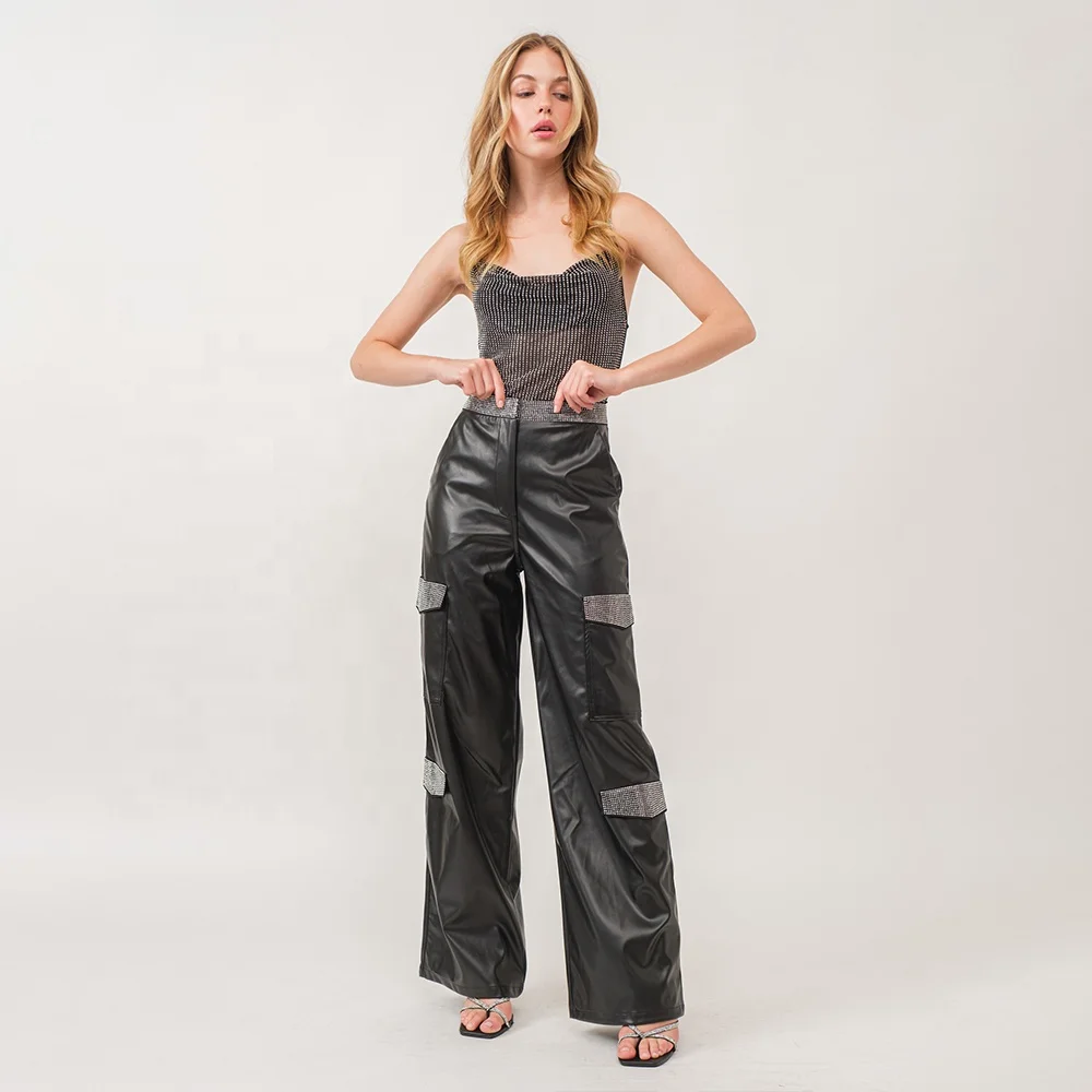 High Waist Patched Rhinestone Wide Legs Side Baggy Leather Cargo Pants