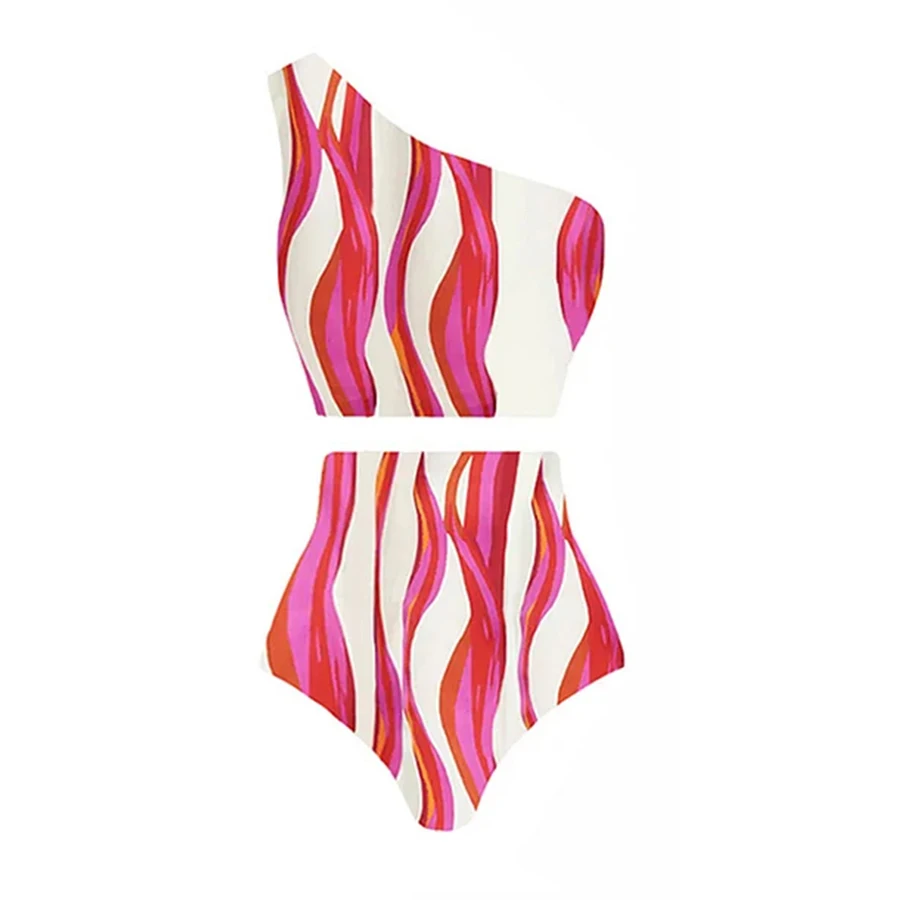 One Shoulder Striped Two Piece Swimsuit and Pants Women's Sexy Bikini Set Vacation Beachwear