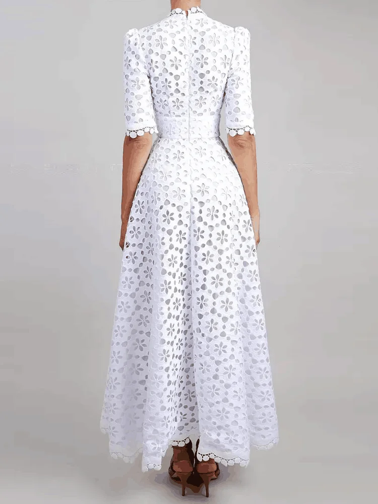 V Neck Half Sleeve High Waist Solid Temperament Slimming A Line Dress-Zieline