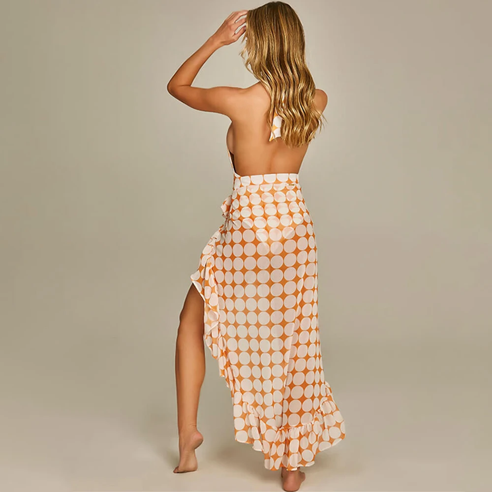 Deep V Print One Piece Swimsuit Backless Sexy Halter Bikini and Cover Up Summer Beachwear