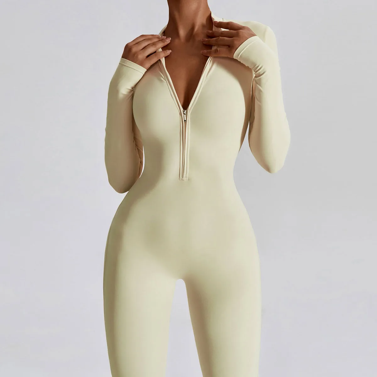 Zip-up O-neck Long Sleeve Jumpsuit Streetwear Overalls One Piece Fitness Sport Bodysuits