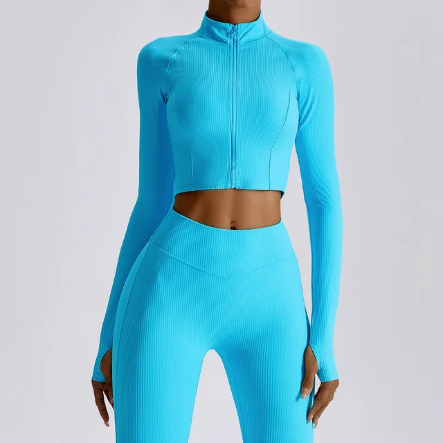Full Zip-up Workout Running Fitness Jacket with Thumb Holes Stretchy Fitted  Crop Tops Activewear-Zieline