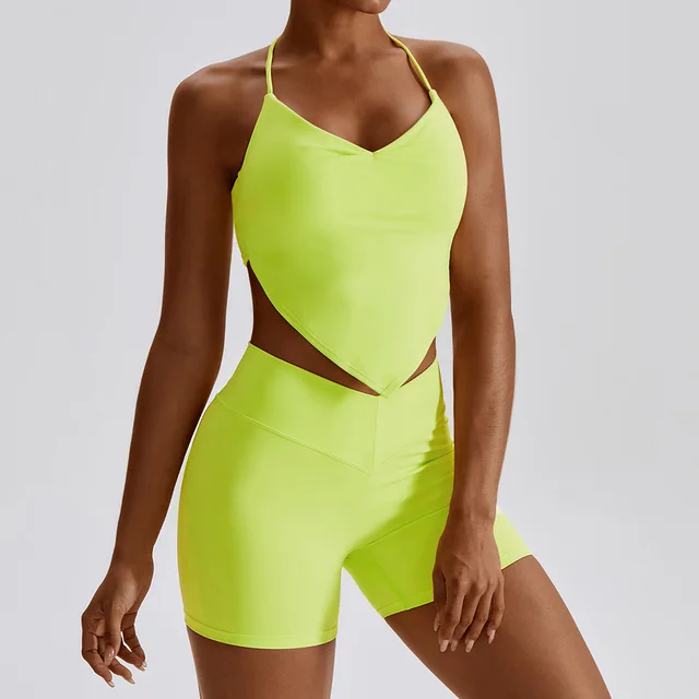 2Pcs Workout Crop Top High Waist Leggings Shorts Fitness Gym Wear Knitted Sport Suits Sportswear