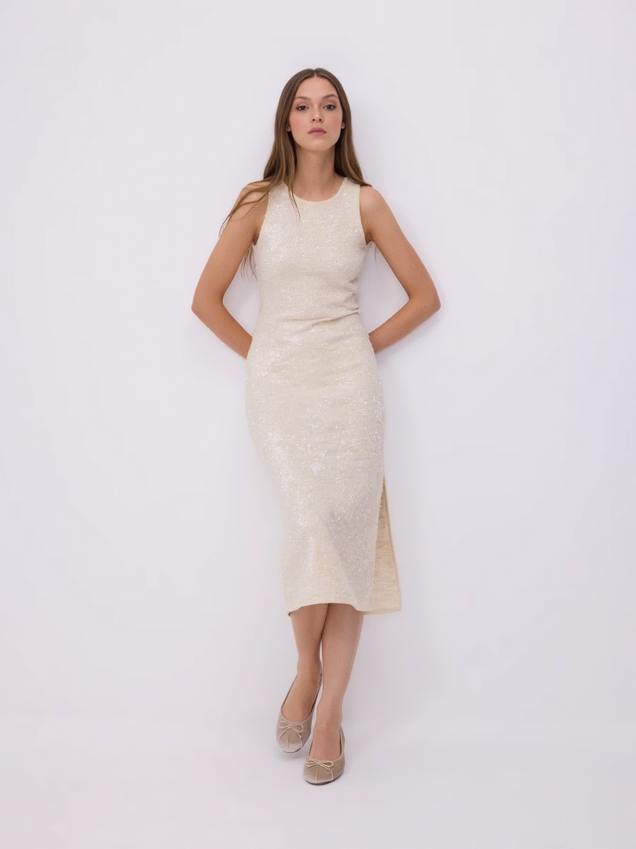 Round Neck Side Slit Sequin Women Maxi Dress