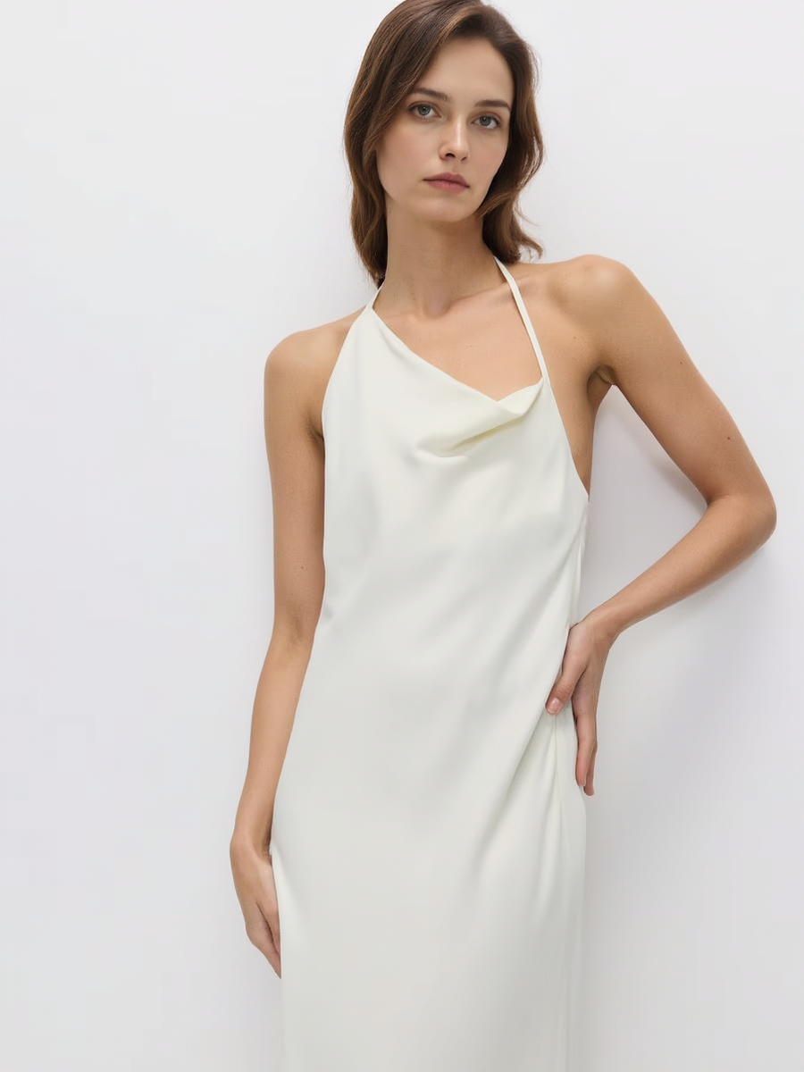 Asymmetric Neckline Premium Satin Women Maxi Dress