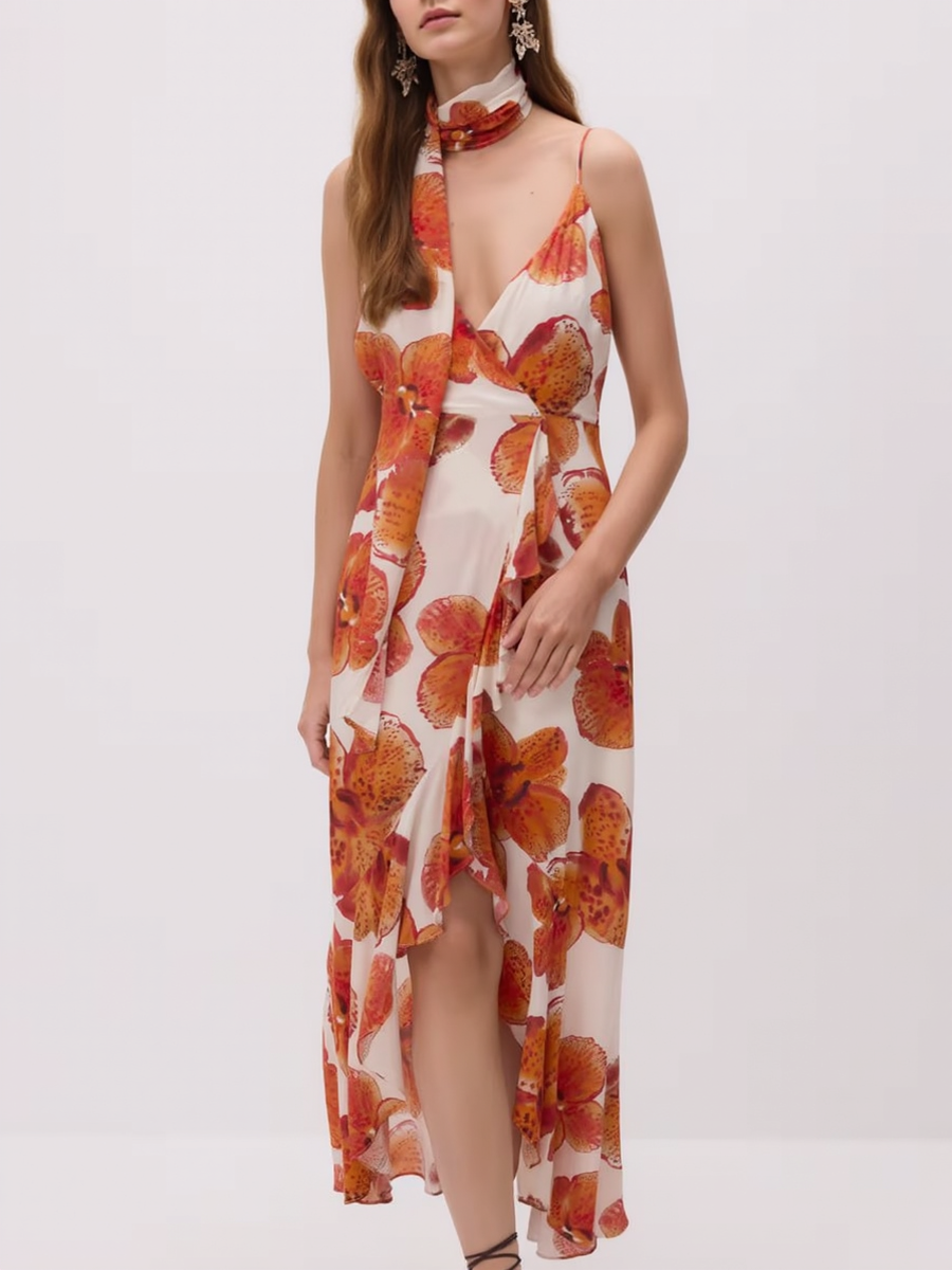 Premium Red Flower Printed Women's Maxi Dress