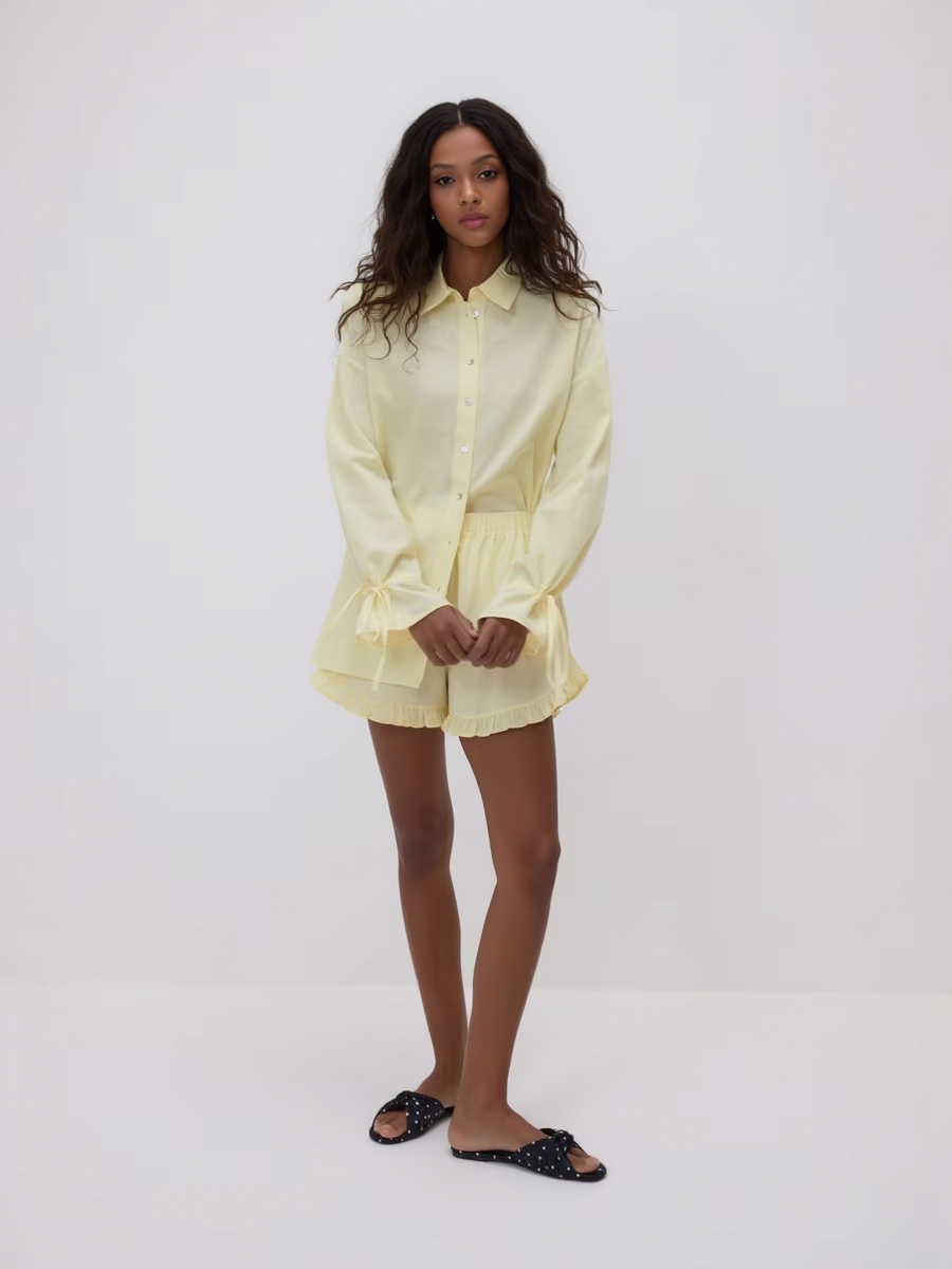 Premium Cotton Women Linen Lace-Up Ruffled Shirt And Ruffled Shorts Set