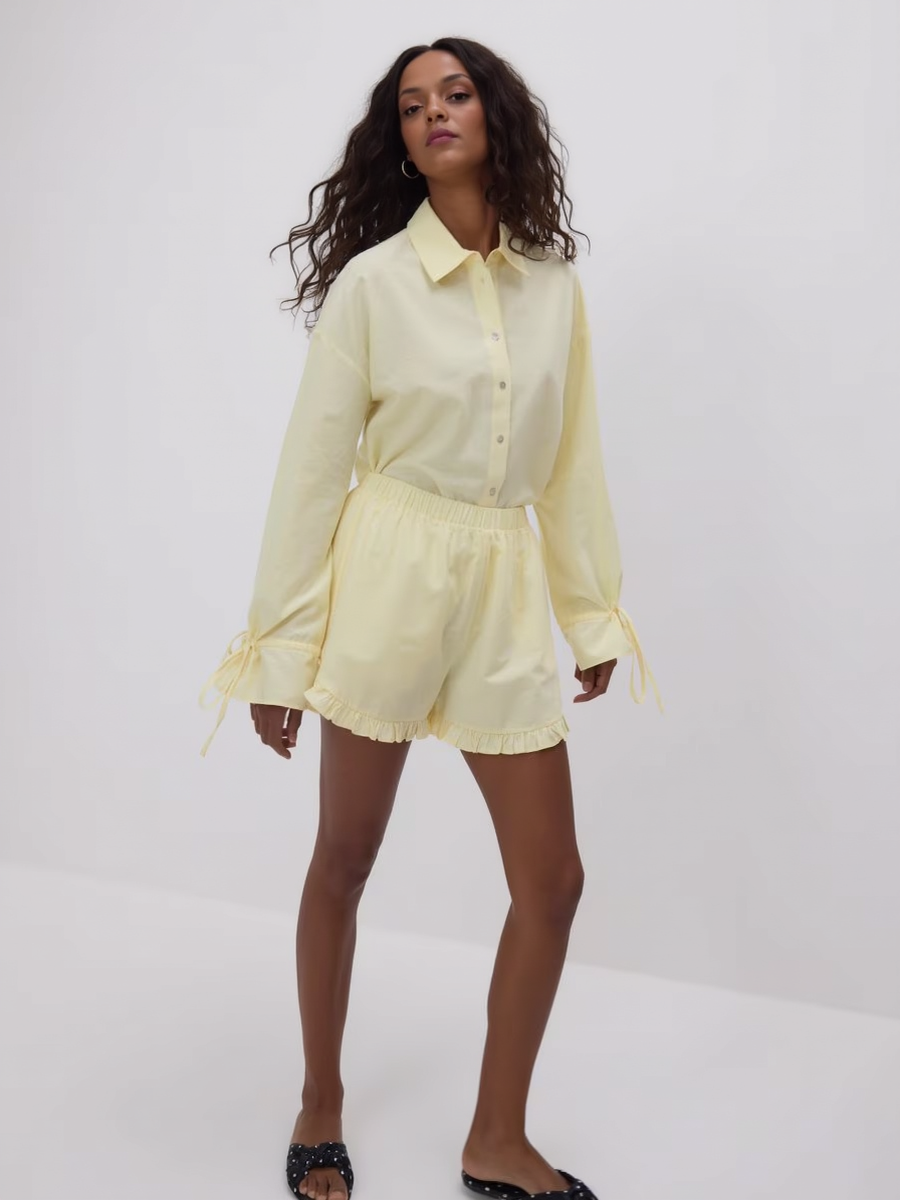 Premium Cotton Women Linen Lace-Up Ruffled Shirt And Ruffled Shorts Set