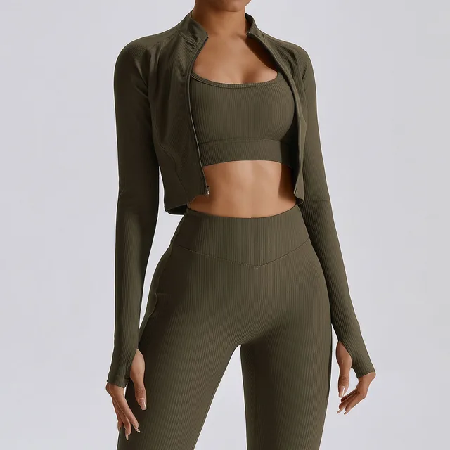 Full Zip-up Workout Running Fitness Jacket with Thumb Holes Stretchy Fitted  Crop Tops Activewear-Zieline