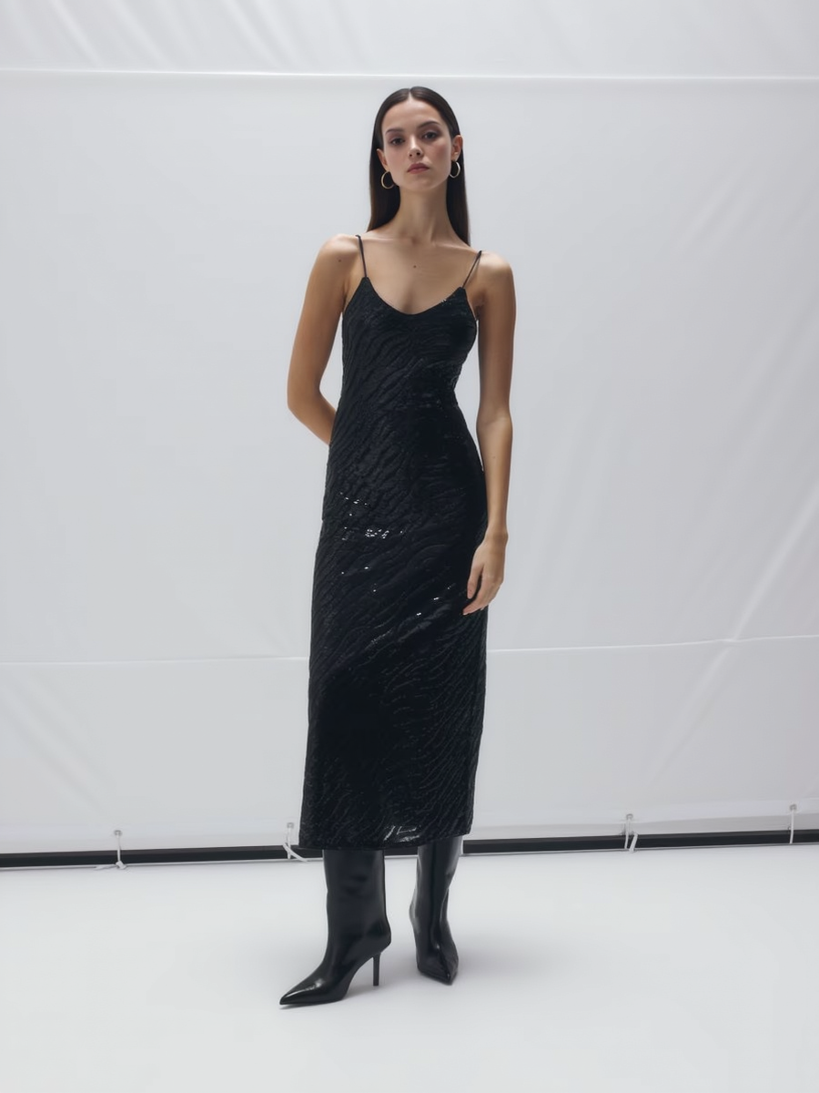 V Neck Vertical Striped Sequin Woemn Maxi Dress