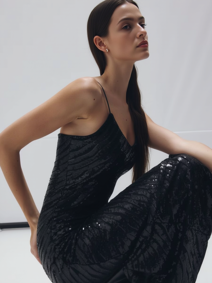 V Neck Vertical Striped Sequin Woemn Maxi Dress