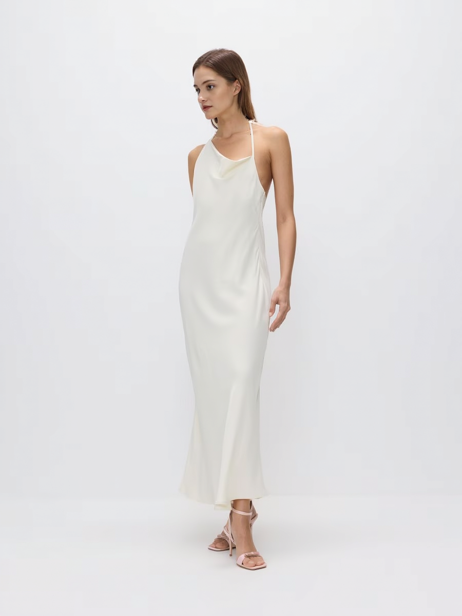 Asymmetric Neckline Premium Satin Women Maxi Dress