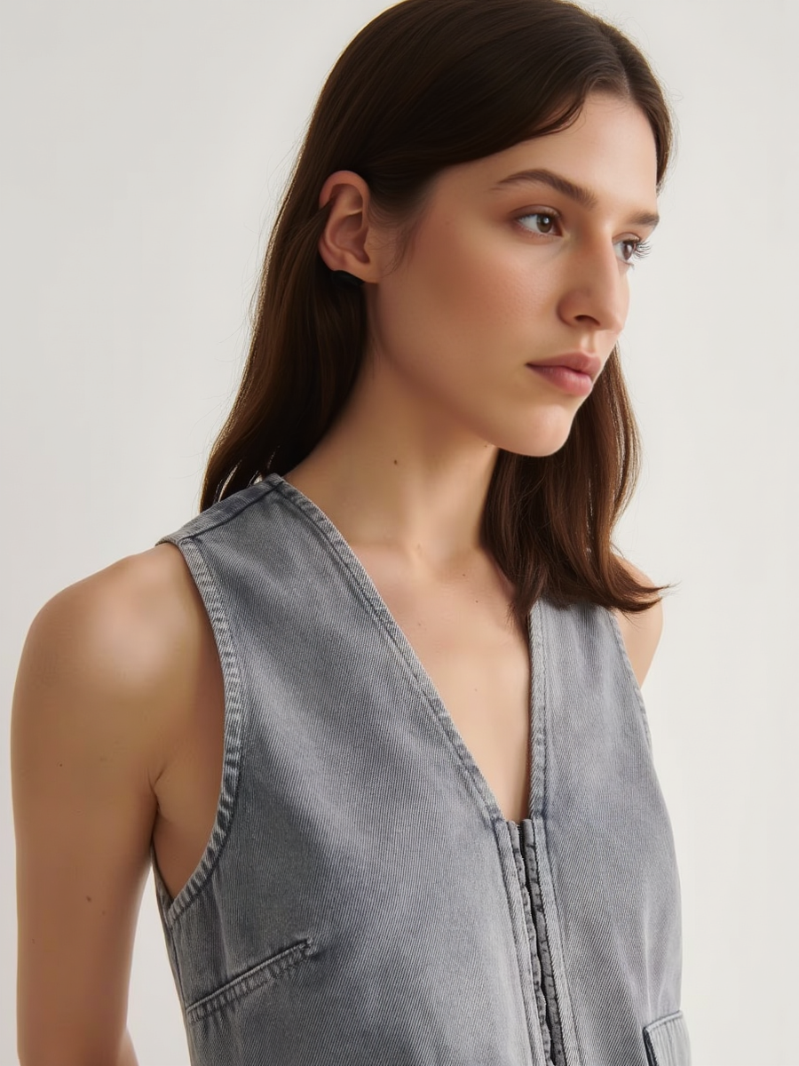 Washed Pure Cotton Denim Vest