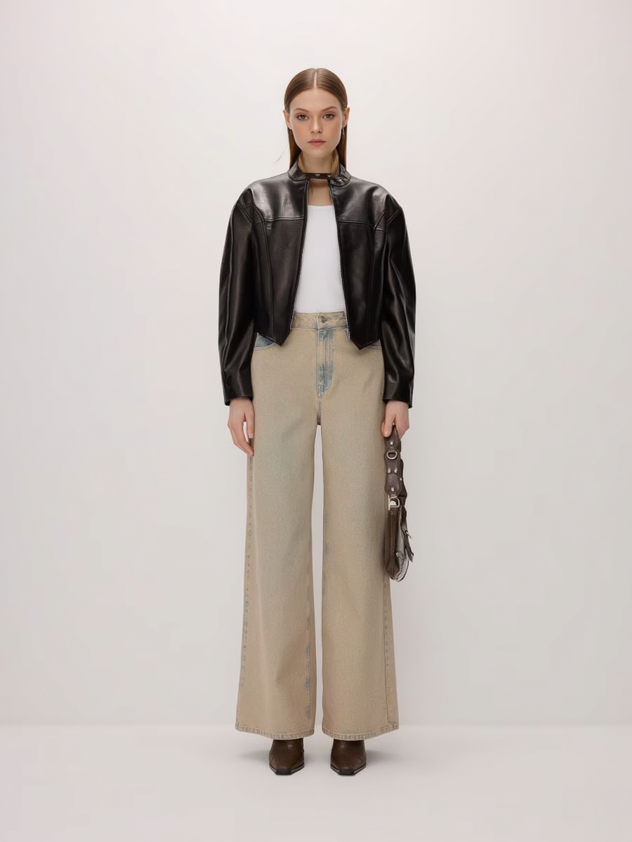 Premium Stand Collar Button Faux Leather Fashion Jacket