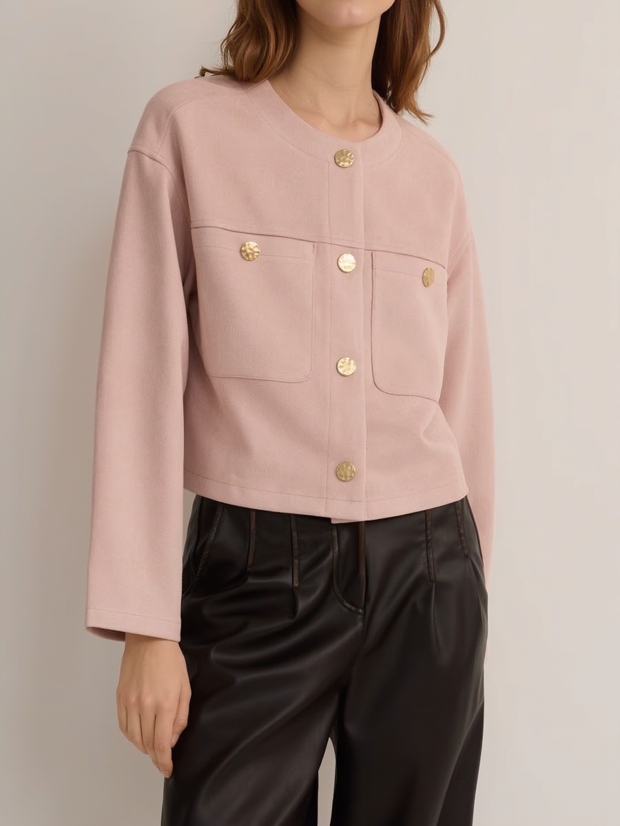 Premium Faux Suede Cropped Button Jacket
