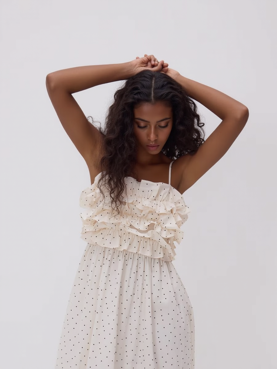 Cotton Ruffled Polka Dot Print Dress