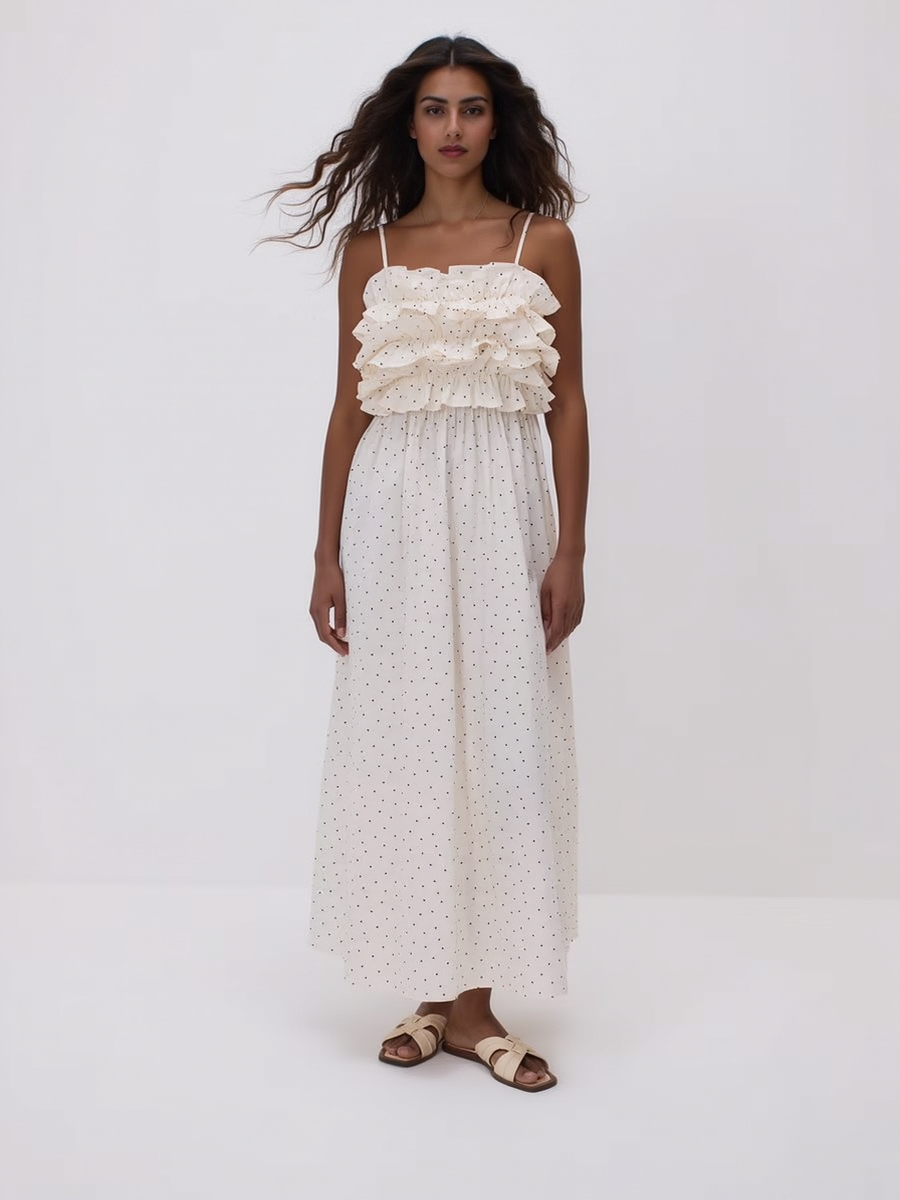 Cotton Ruffled Polka Dot Print Dress