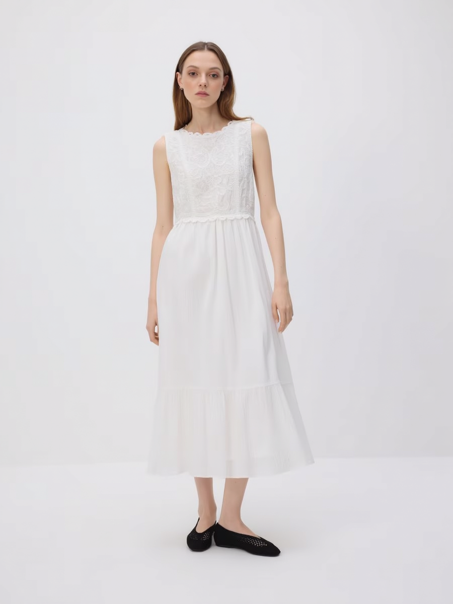 Premium Cotton Lace Trim Midi Dress