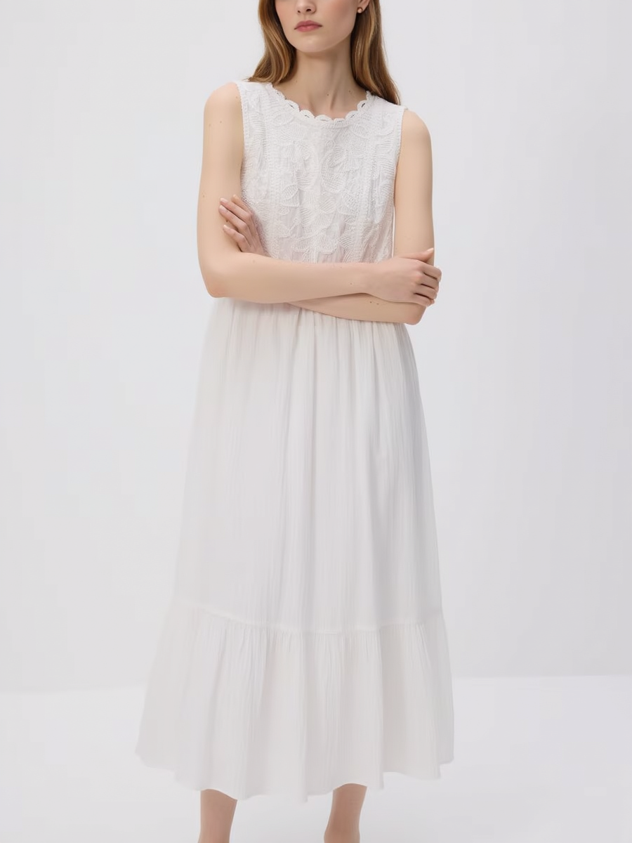 Premium Cotton Lace Trim Midi Dress