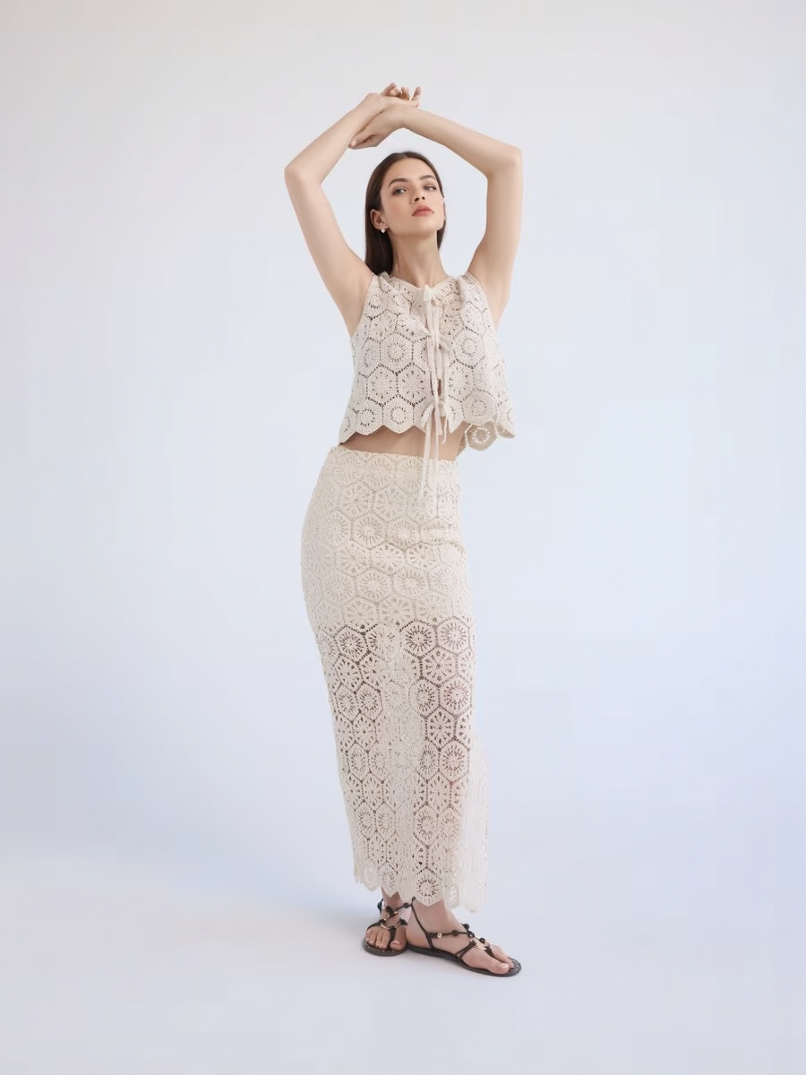 Cutout Lace-Up Vest and Maxi Skirt Set