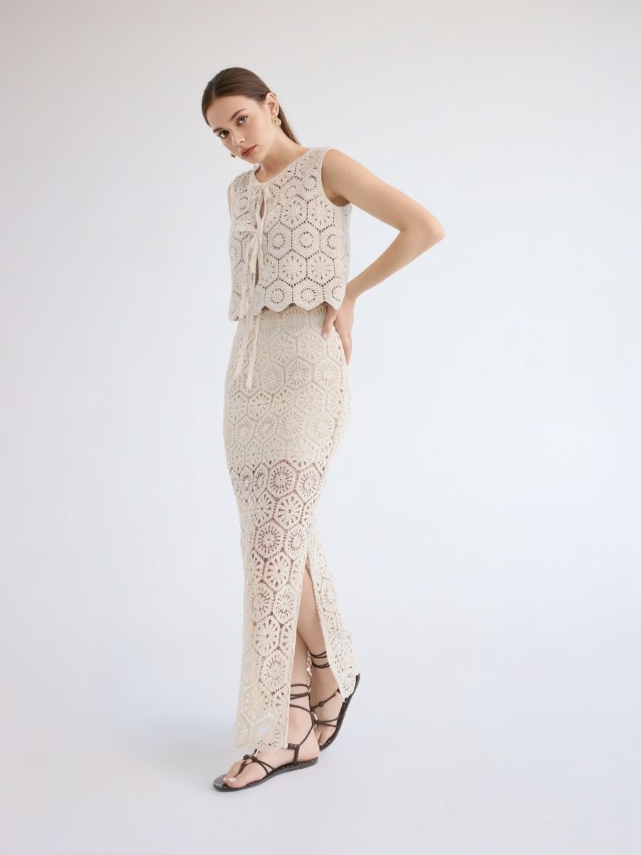 Cutout Lace-Up Vest and Maxi Skirt Set