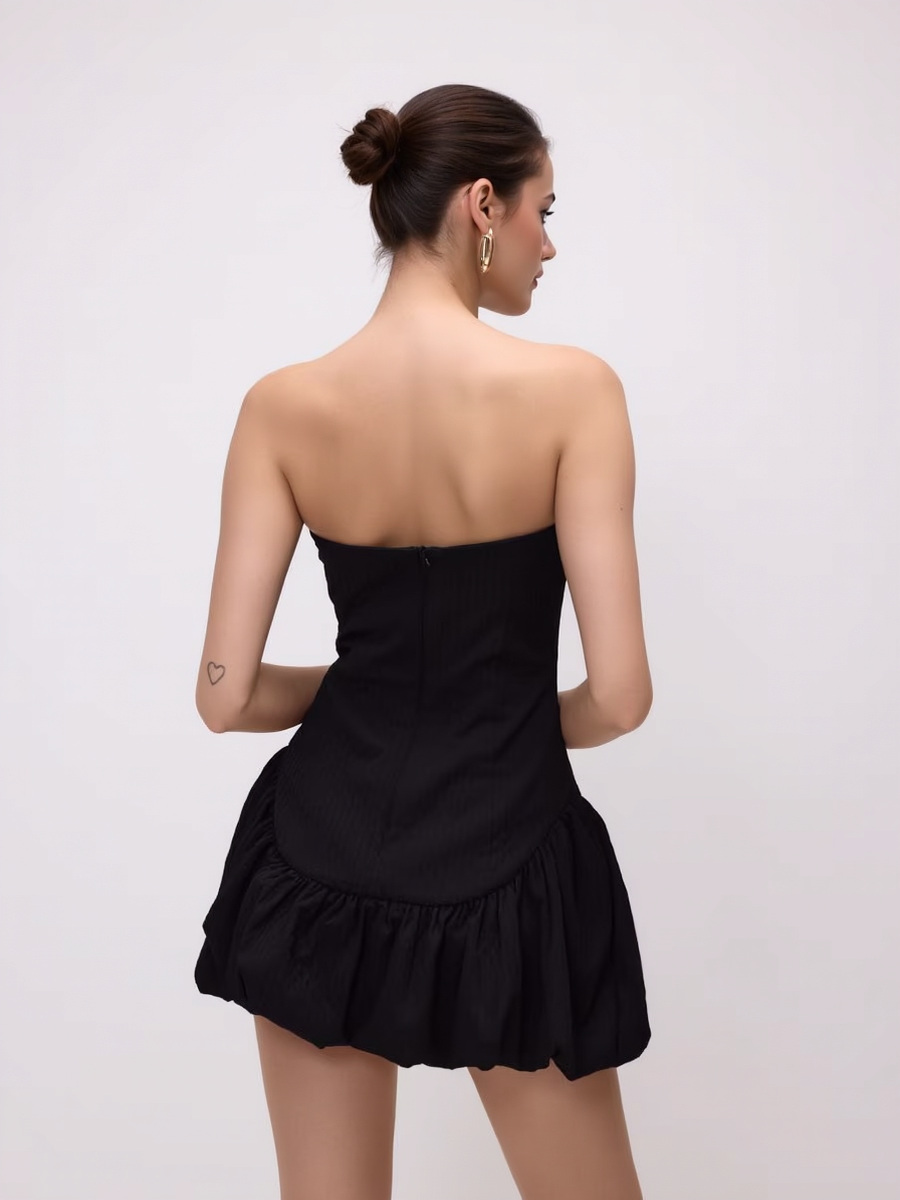 Strapless Halter Back Ruffled Hem Mini Dress