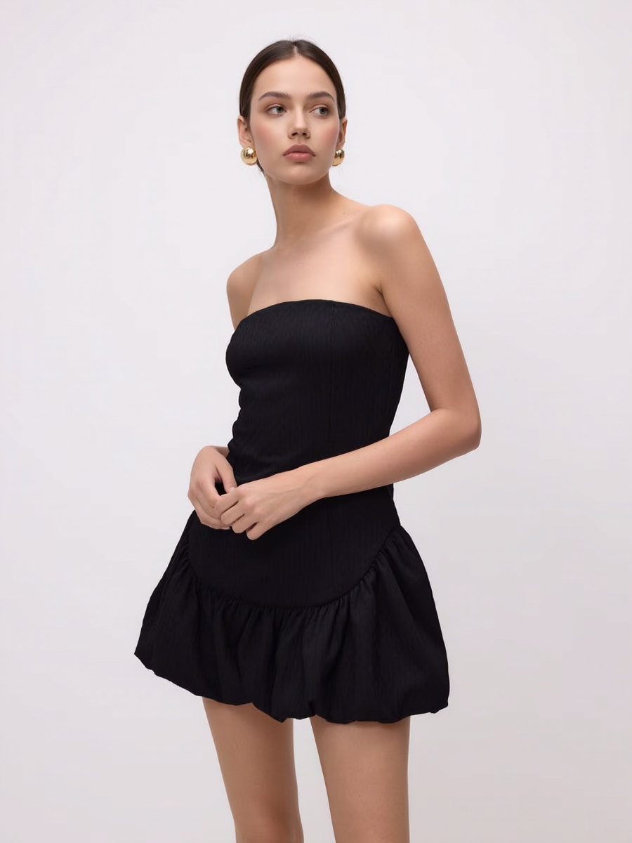 Strapless Halter Back Ruffled Hem Mini Dress