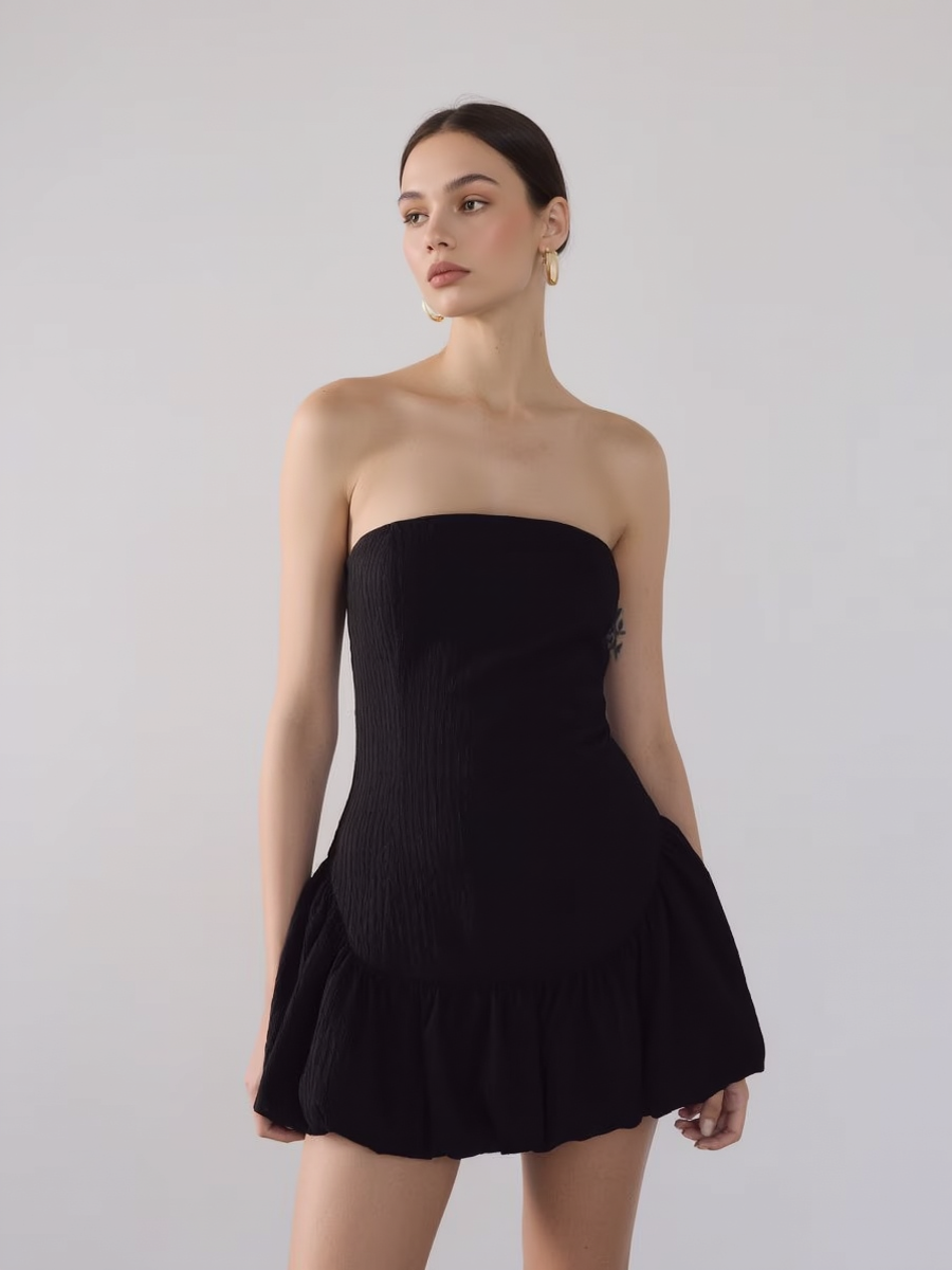 Strapless Halter Back Ruffled Hem Mini Dress