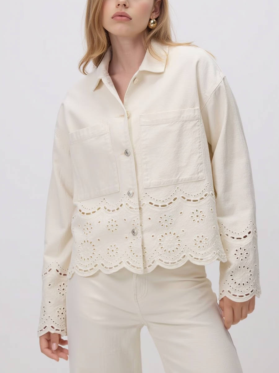 Embroidered Hem Lapel Cropped Jacket