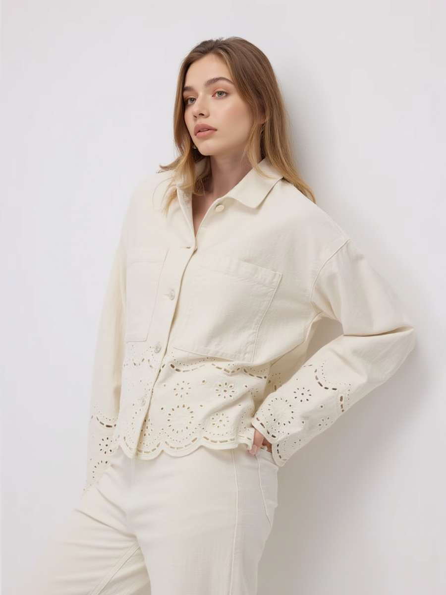 Embroidered Hem Lapel Cropped Jacket