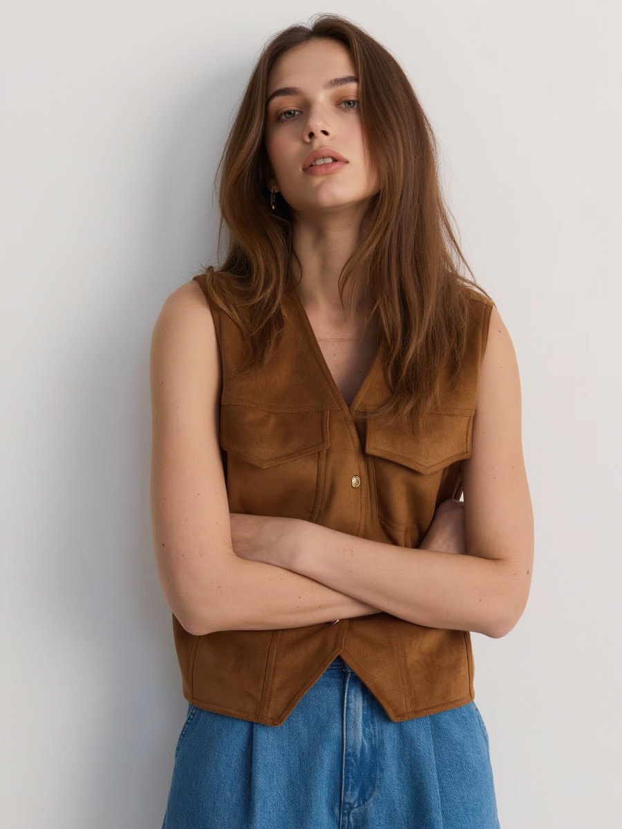 Faux Suede Sleeveless Vest Jacket