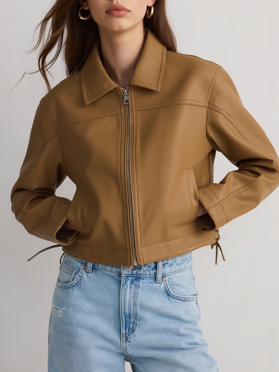 Cropped Faux Leather Drawstring Jacket