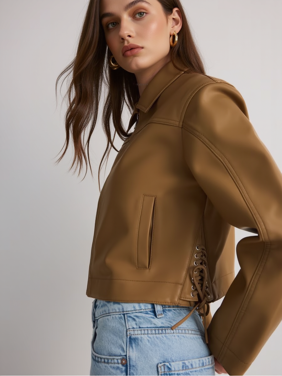 Cropped Faux Leather Drawstring Jacket